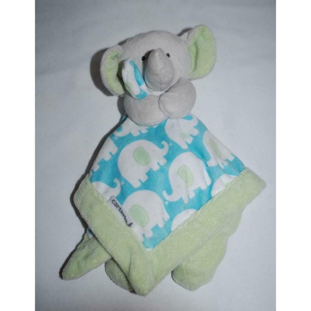 Carters Green Blue Elephant Gray White Security Blanket Baby Lovey